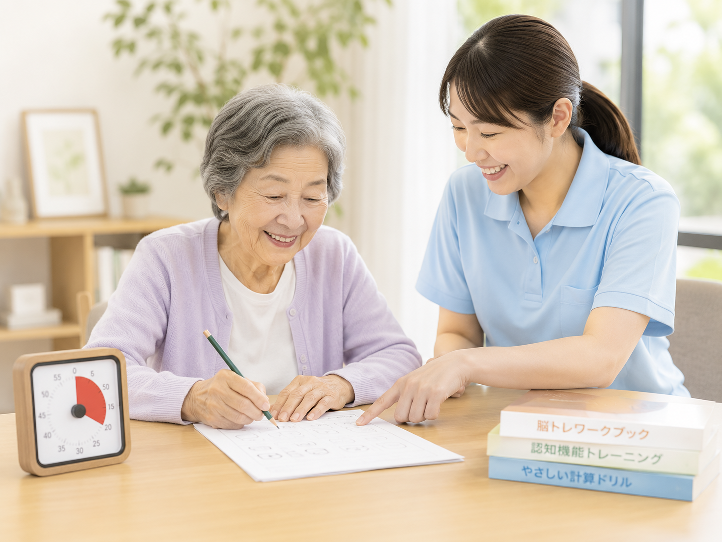 脳トレに取り組む高齢者とスタッフ